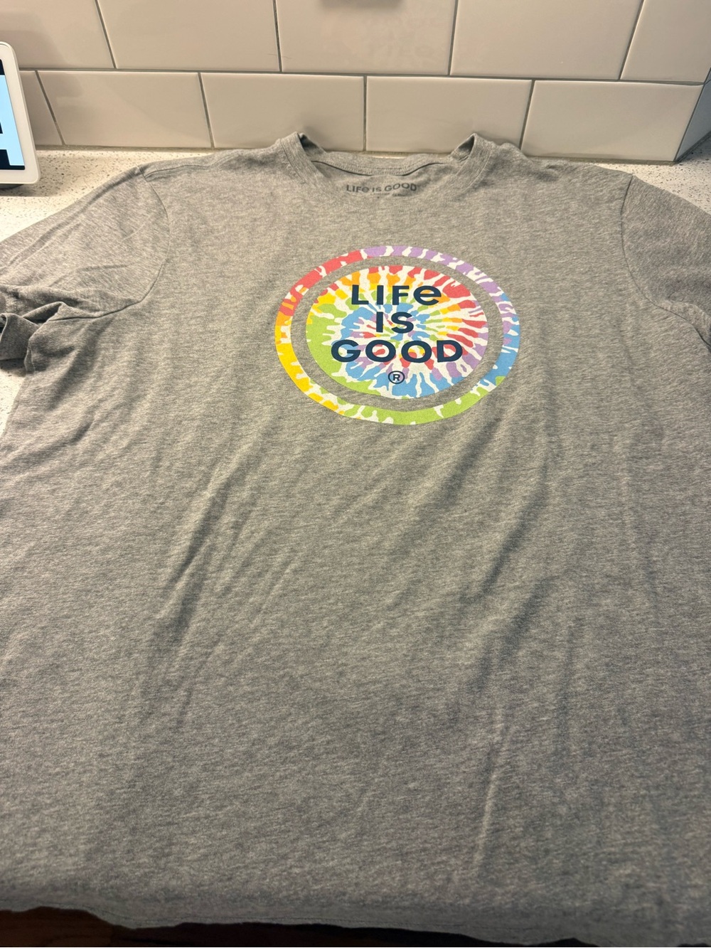 Life Is Good Gray Tee with Rainbow Tie-Dye Logo